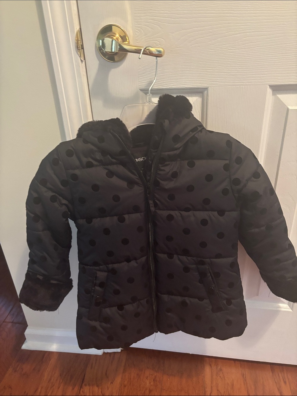Rothschild Black Polka Dot Puffer Coat with Faux Fur Trim